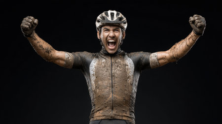 An ecstatic cyclist celebrating at the finish line of a muddy race, showcasing emotions with mud splatters covering their gear. A true display of endurance and triumph.の素材