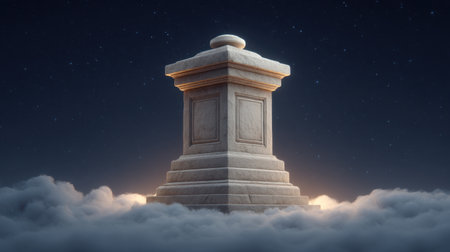 Experience the beauty of a stone podium rising majestically above glowing clouds, illuminated by ethereal topaz hues, creating a serene and dreamy atmosphere.の素材