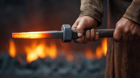 A blacksmith deftly holds tongs with glowing iron in a forge. The intense heat and vibrant flames highlight the traditional craftsmanship and artistry involved in metalworking.の素材