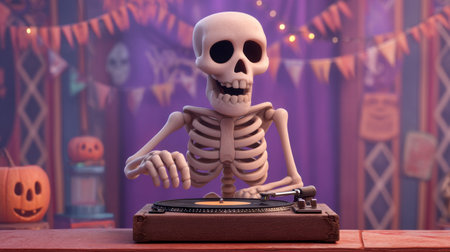 Enjoy a vibrant Halloween scene featuring a cheerful skeleton DJ spinning vinyl records in a lively club atmosphere, decorated with festive lights and pumpkins.の素材