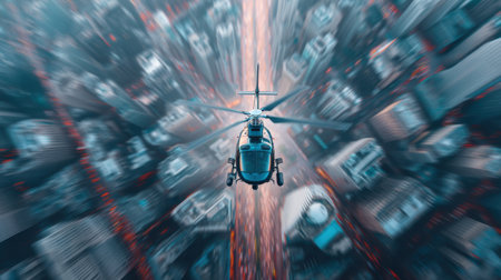 A stunning aerial view showcases a helicopter mid-flight above a vibrant cityscape, capturing the dynamic energy and urban landscape from a unique perspective.の素材