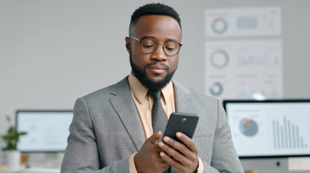 A professional man in a stylish suit checks his phone in a modern office setting, surrounded by computer monitors and business charts, reflecting a focused work atmosphere.の素材