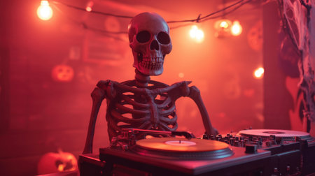 A whimsical skeleton DJ spins vinyl records at a spooky Halloween club party, surrounded by eerie decorations and flashing lights, creating a vibrant festive atmosphere.の素材