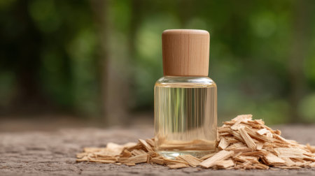 A stylish bottle of natural aromatic oil sits beside chips of wood, showcasing clear liquid and a bamboo cap, perfect for wellness and beauty applications.の素材