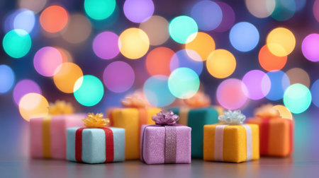 Discover a stunning arrangement of colorful gift boxes in a bokeh background illuminated by soft lights, perfect for capturing the magic of the holiday season.の素材