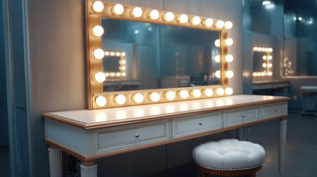 Bright and elegant dressing room with an illuminated mirror and ample lighting, perfect for backstage preparations in theater or performance settings.の素材