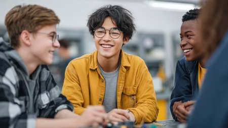 A group of cheerful teenagers enjoys each other's company while engaging in a fun and creative activity, fostering friendship and teamwork in a bright indoor setting.の素材