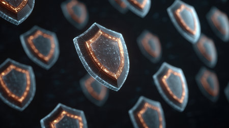 This image showcases an advanced digital shield, enhanced with neon effects, symbolizing cybersecurity and data protection in a modern, futuristic design for versatile creative uses.の素材