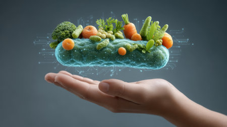 A hand elegantly supports a digital representation of colorful fresh vegetables, illustrating the fusion of healthy eating and modern technology in a creative concept.の素材