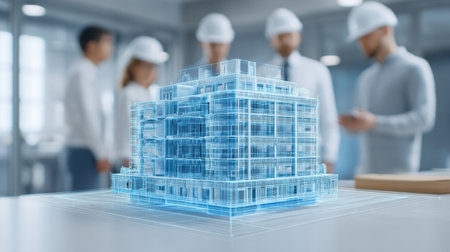 A detailed depiction of a transparent architectural model set in a modern workspace, with professionals collaborating and analyzing the construction project creatively.の素材