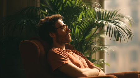 A person enjoys a peaceful moment while seated in a chair by a window. Sunlight streams in, creating a serene atmosphere enhanced by surrounding greenery.の素材
