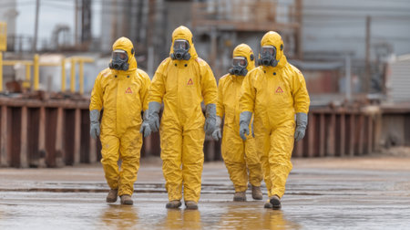 A group of individuals dressed in bright yellow protective suits walking through an industrial environment, emphasizing safety measures and urgent hazard response efforts.の素材