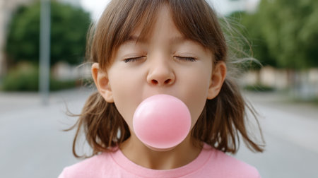 A cheerful young girl enjoys blowing a big pink bubble gum balloon with her eyes closed, capturing the essence of childhood joy in a vibrant outdoor setting.の素材