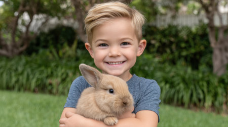 A charming child smiles brightly while holding a fluffy rabbit in a serene outdoor garden setting. The warmth of the scene reflects joy and innocence.の素材