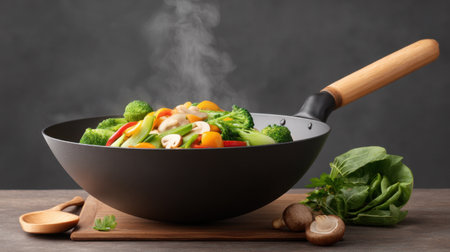 A vibrant wok filled with fresh vegetables steaming as they cook. This colorful dish showcases health and flavor in a rustic kitchen environment. Ideal for culinary visuals.の素材