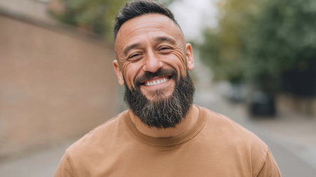 A joyful man displays a broad smile and clean white teeth, embodying positivity and confidence against a softly blurred outdoor background. Perfect for lifestyle themes.の素材