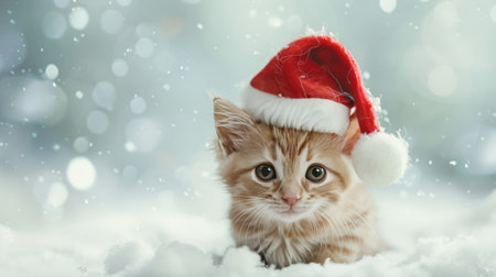 A cute kitten in a Santa Claus hat smiles playfully in a snowy winter scene, wishing Merry Christmas and Happy New Year with adorable festive spiritの素材
