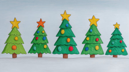 Vibrant hand-drawn Christmas trees adorn this festive illustration, showcasing colorful ornaments and shining stars, perfect for holiday season decorations and greeting cards.の素材