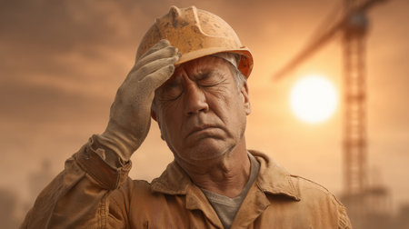 A dedicated construction worker in a hard hat appears fatigued under the intense sun, showing the challenges of manual labor on a busy job site.の素材