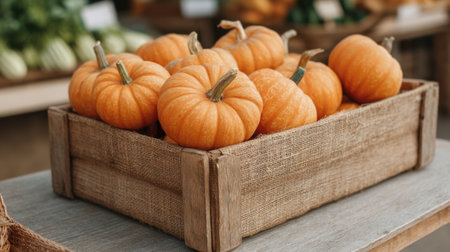 A charming wooden crate overflowing with bright orange pumpkins is featured at an outdoor market, capturing the essence of autumn harvest and rustic beauty.の素材