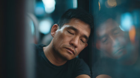 A weary commuter finds solace as he leans against a bus window, capturing a moment of tranquility amidst the vibrant city lights reflecting softly on the glass.の素材