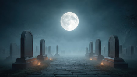 Explore an atmospheric graveyard under a full moon, featuring ancient tombstones surrounded by eerie fog, creating a mystical and spooky nighttime scene.の素材