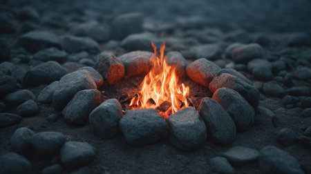 Experience the cozy atmosphere of a warm fire pit surrounded by stones in a tranquil wilderness setting, illuminated by glowing flames under the night sky.の素材