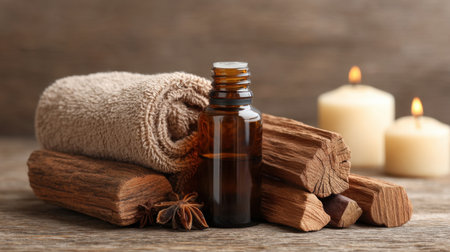 Discover a soothing arrangement of aromatic wood oil, soft textile, and glowing candles, creating a tranquil and serene ambiance perfect for relaxation and wellness.の素材