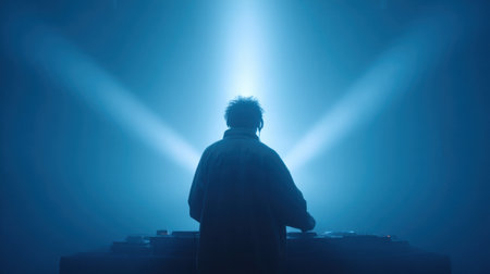 A captivating DJ performing in a dark disco setting, enhanced by fog and lasers. This image captures the energy and mystique of nightlife, showcasing vibrant visuals.の素材