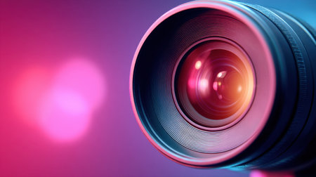 A stunning close-up of a professional camera lens, reflecting vivid lights and creating a mesmerizing bokeh effect. Ideal for photography-related imagery and artistic designs.の素材