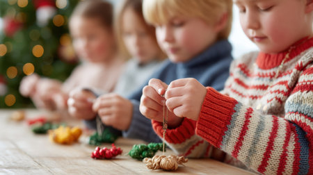 Young children engaged in crafting colorful ornaments, focusing on their hands and the details of the creative process in a warm holiday atmosphere. Perfect for seasonal themes.の素材