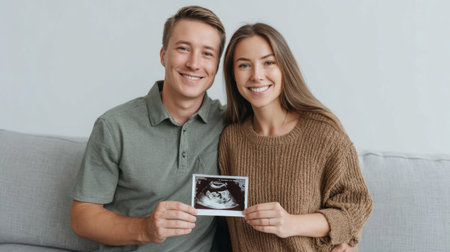 A young couple smiles while holding an ultrasound image, showcasing their joy and anticipation for their growing family in a beautiful, cozy setting.の素材