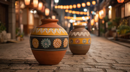 Two beautifully painted pottery vessels are displayed on a cobblestone road, illuminated by soft night lights, creating a warm and inviting atmosphere.の素材