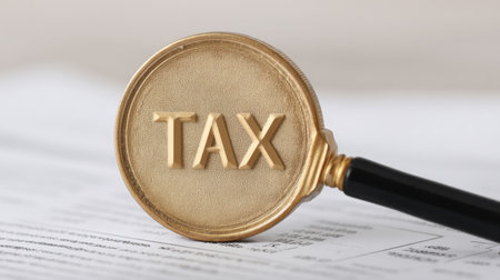 A close-up image featuring a magnifying glass focusing on the word tax set against financial documents, ideal for various financial or business-related applications.の素材