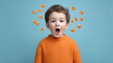 A joyful young boy in an orange sweater is surrounded by flying letters against a blue backdrop, capturing the essence of creativity and learning in a fun environment.の素材