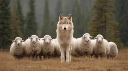 This captivating image features a majestic wolf standing confidently among grazing sheep in a tranquil landscape, highlighting the delicate balance of nature and animal behavior.の素材