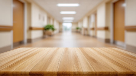 A serene indoor scene featuring a wooden tabletop in the foreground and a softly blurred hallway in the background, creating a sense of depth and tranquility.の素材