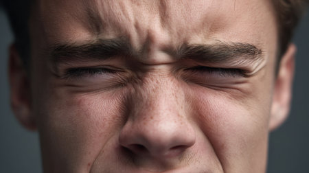 A close-up portrait showcasing a person squinting in reaction to a bright glare. The image captures genuine emotion and natural expression in dramatic lighting.の素材