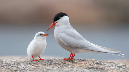 Observe a heartwarming moment between an Arctic tern and its chick, standing on a stone-covered shoreline, showcasing the beauty of wildlife interaction in nature.の素材