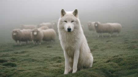 A stunning white wolf sits calmly in a foggy meadow, observing a peaceful flock of sheep, showcasing the beauty and contrast of predator and prey in nature's tranquility.の素材