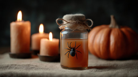 Capture the essence of Halloween with this spooky setup featuring a jar holding a spider, glowing candles, and a rustic pumpkin on a textured table. Perfect for seasonal decor!の素材