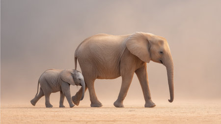A heartwarming scene of a baby elephant walking closely beside an adult elephant in a sunlit, dusty landscape, showcasing the strong bond between parent and child.の素材
