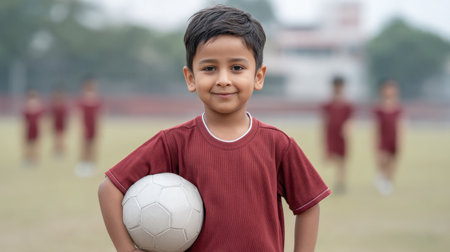 A cheerful young boy confidently poses with a soccer ball, showcasing his love for the sport against a vibrant team backdrop, embodying youthful joy and aspiration.の素材