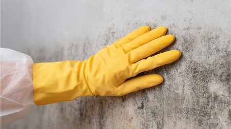 A professional mold removal specialist uses protective gloves to examine and clean damaged walls, ensuring a safe and healthy indoor environment for homeowners.の素材