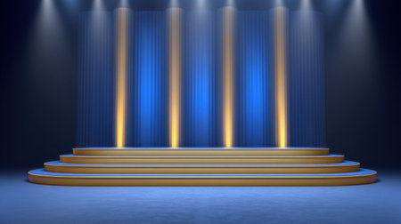 This stunning stage setup showcases a serene blend of glowing blue and golden lights with smooth edges, perfect for any performance or event ambiance.の素材