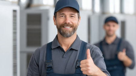A cheerful HVAC technician stands in the foreground, giving a thumbs up while surrounded by air conditioning units, showcasing confidence and professionalism in the workplace.の素材