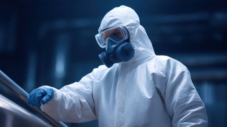 A researcher in a protective suit and respirator engages in safety measures within an industrial environment, emphasizing laboratory safety and health protocols.の素材