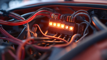 Detailed image of an automotive fuse box featuring illuminated lights and intricate wiring within an engine compartment, showcasing the complexity of vehicle electrical systems.の素材