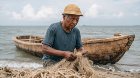 A skilled man engrossed in repairing a fishing net near his wooden boat on a serene coastal shoreline, perfectly depicting traditional fishing life and craftsmanship.の素材