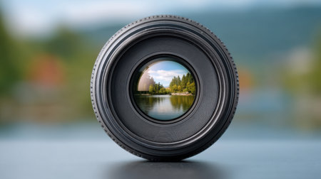 A captivating image of a lens showcasing a vivid scenic view of nature, reflecting lush greenery and calm waters, inviting viewers to explore its serene beauty.の素材
